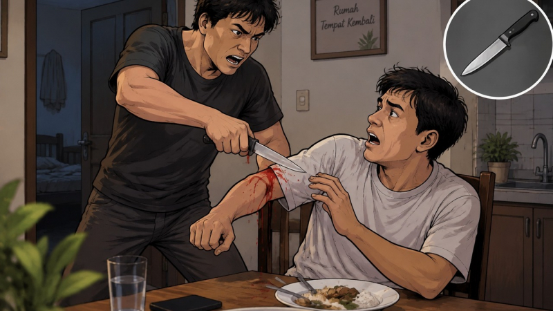 Ilustrasi penusukan yang dilakukan oleh paman terhadap keponakan karena ditegur saat makan
