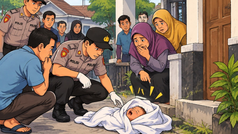 Ilustrasi gambar penemuan bayi yang terbungkus kain di depan rumah warga 